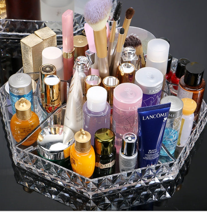 Rotating Cosmetic Storage Box—Diamond Pattern Transparent Makeup & Skincare Display Organizer