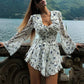 Fashion Butterfly Collar Long Sleeve Flower Printed Waist-controlled Dress