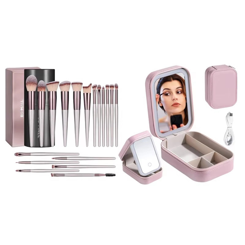 Makeup Brushes With Case Set Portable LED Mirror Makeup Jewelry Storage Case Travel Makeup Tool Kits