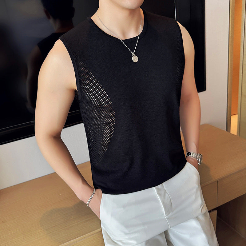 Breathable Cut-out Knitted Vest Men's Athletic Fitness Stretch Sleeveless T-shirt