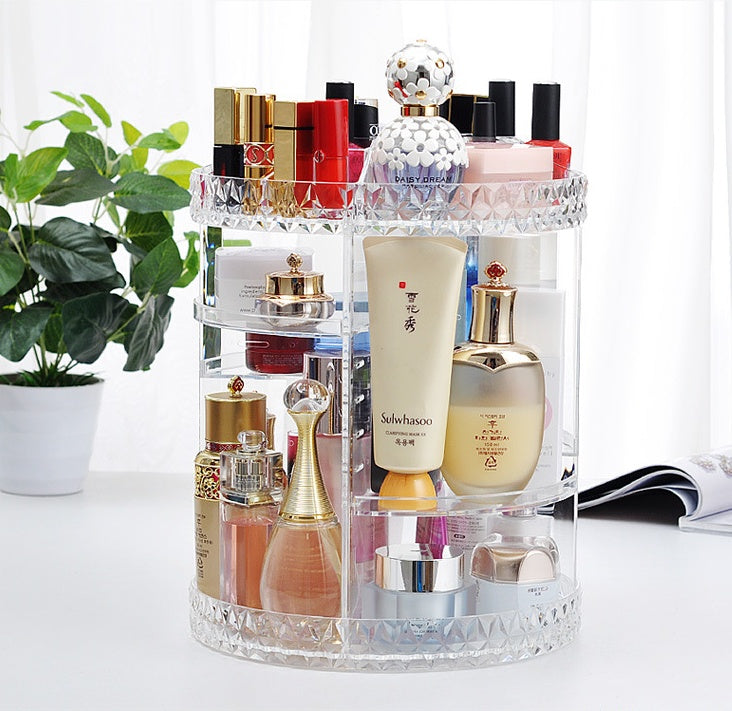 Rotating Cosmetic Storage Box—Diamond Pattern Transparent Makeup & Skincare Display Organizer