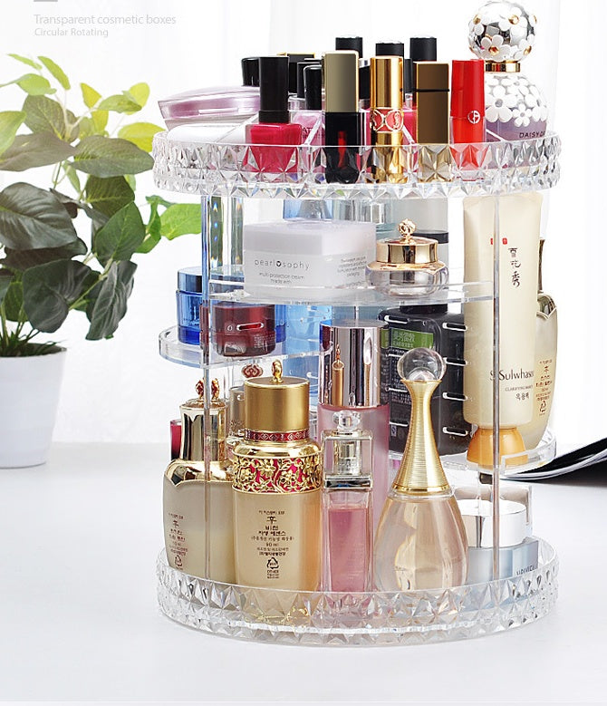 Rotating Cosmetic Storage Box—Diamond Pattern Transparent Makeup & Skincare Display Organizer