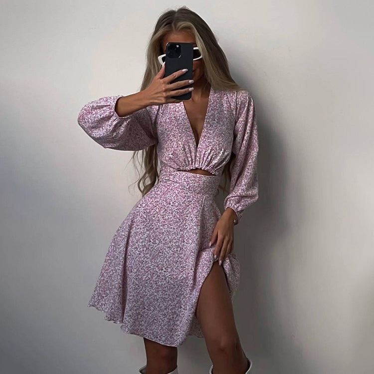 Long Sleeve V-neck Printed Hollow Dress