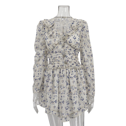 Fashion Butterfly Collar Long Sleeve Flower Printed Waist-controlled Dress