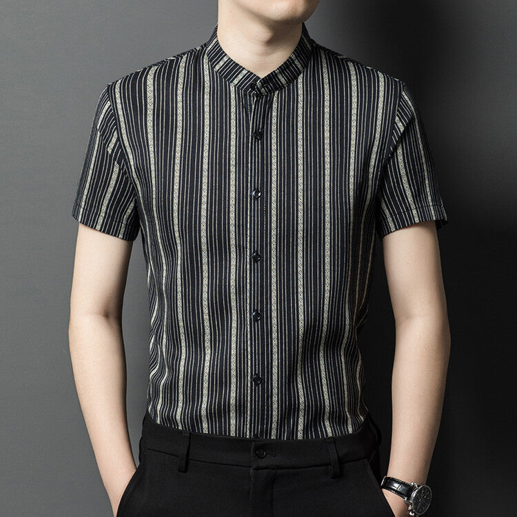 Cotton Stand Collar Chinese Style Short Sleeve Shirt