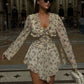 Fashion Butterfly Collar Long Sleeve Flower Printed Waist-controlled Dress