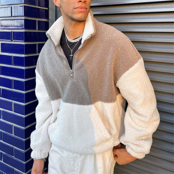 Fall Winter Men Simple Contrast Color Polar Fleece Thermal Sweater