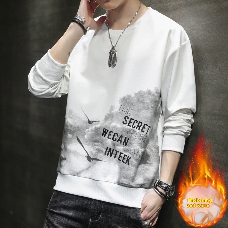 Men's Sweater Long Sleeves T-shirt Round Neck Printing Plus Velvet