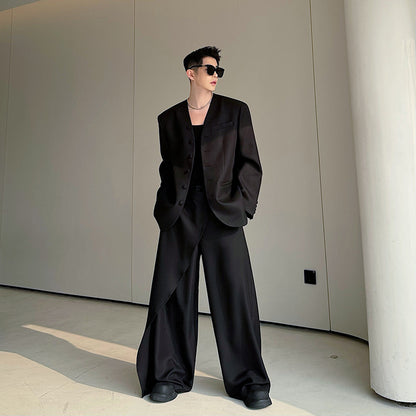 Minimalist Collarless Multi-grain Buckle Wrapping Towel Wide-leg Pants Suit